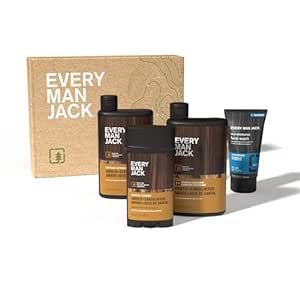 Every Man Jack Mens Amber + Sandalwood Body Set - Body Gift Set with Clean Ingredients & a Sandalwood, Amber, and Vetiver scent - Complete Routine with Body Wash, 2-in-1 Shampoo, Deodorant & Face Wash