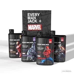 Every Man Jack Marvel Collectors Box Body Wash Gift Set - Includes Four Body Washes with Clean Ingredients - Marvel-Inspired Fresh Air, Coastal Thunder, Crimson Oak, and Wakanda Herbs Fragrances