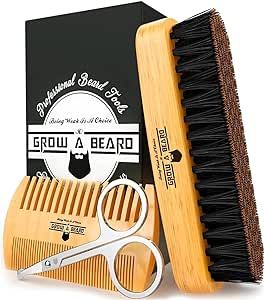 Beard Brush for Men & Beard Comb Set w/Mustache Scissors Grooming Kit, Natural Boar Bristle Brush, Dual Action Wood Comb, and Travel Bag Great for Christmas Gift (Bamboo)