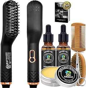 Beard Straightener w/Beard Balm & Beard Growth Oil & Beard Guide E-Book,UPGRADED 3 in 1 Hair Straightener Brush Beard Straightening Comb,Unique Stocking Stuffers Gifts for Men Women Him