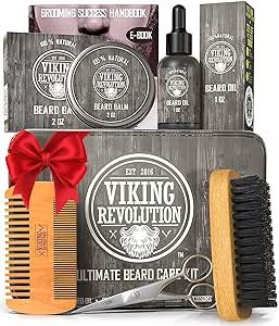 Viking Revolution Beard Care Kit for Men - Ultimate Beard Grooming Kit includes 100% Boar Men’s Beard Brush, Wooden Beard Comb, Beard Balm, Beard Oil, Beard & Mustache Scissors in a Metal Box